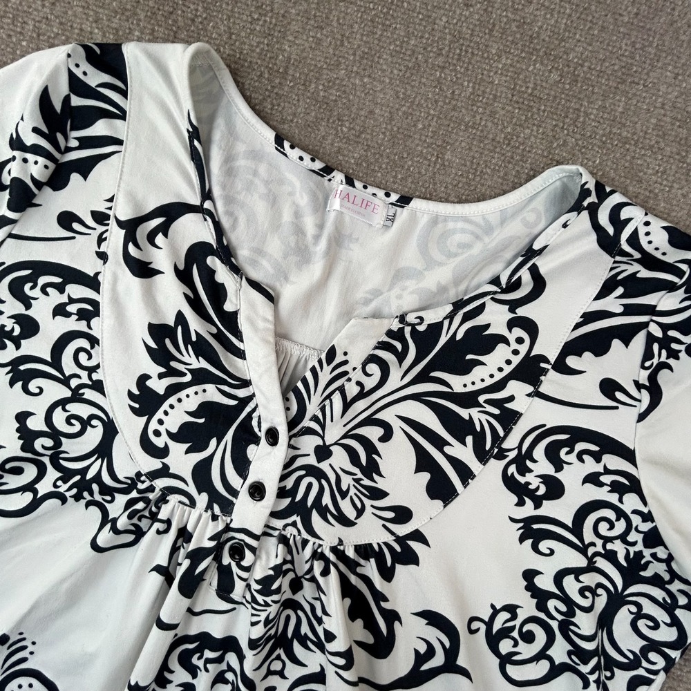 Halife Blouse Top Womens XL White Damask Pleated Stretch Split Neck Round Hem